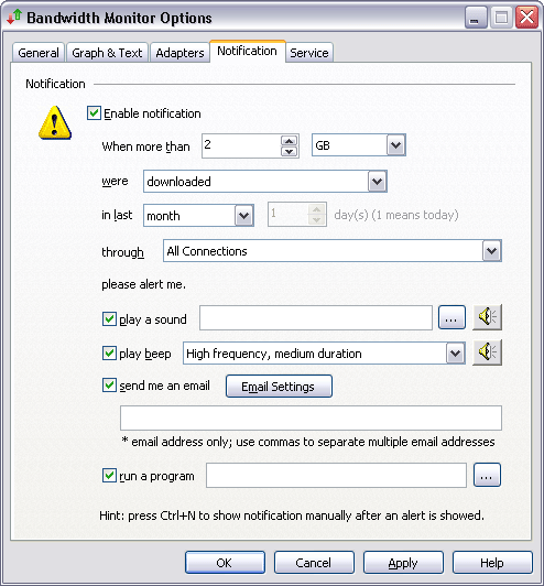 Bandwidth Monitor Notification Options